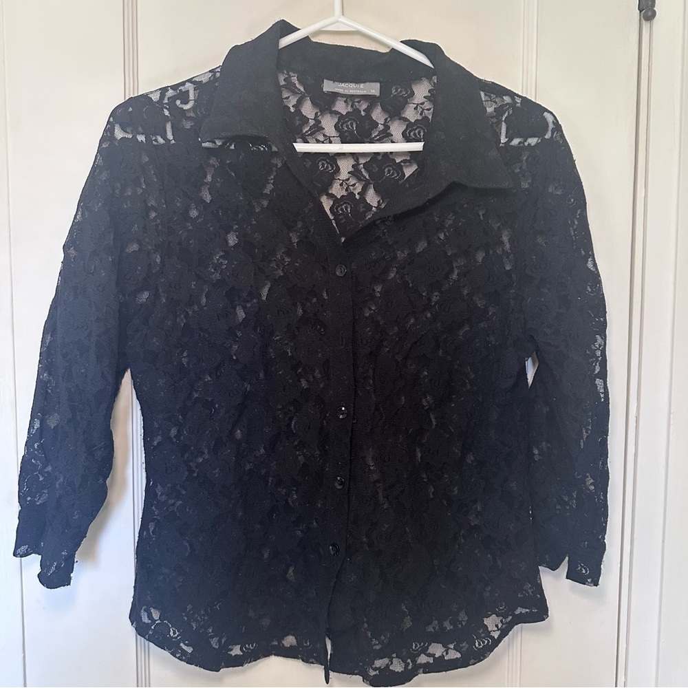 Jacqui E Black Floral Lace Collared Button Down Shirt, Sheer, Feminine, Layering